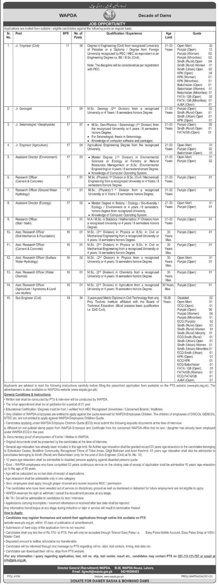 Wapda House Jobs 2022 online apply