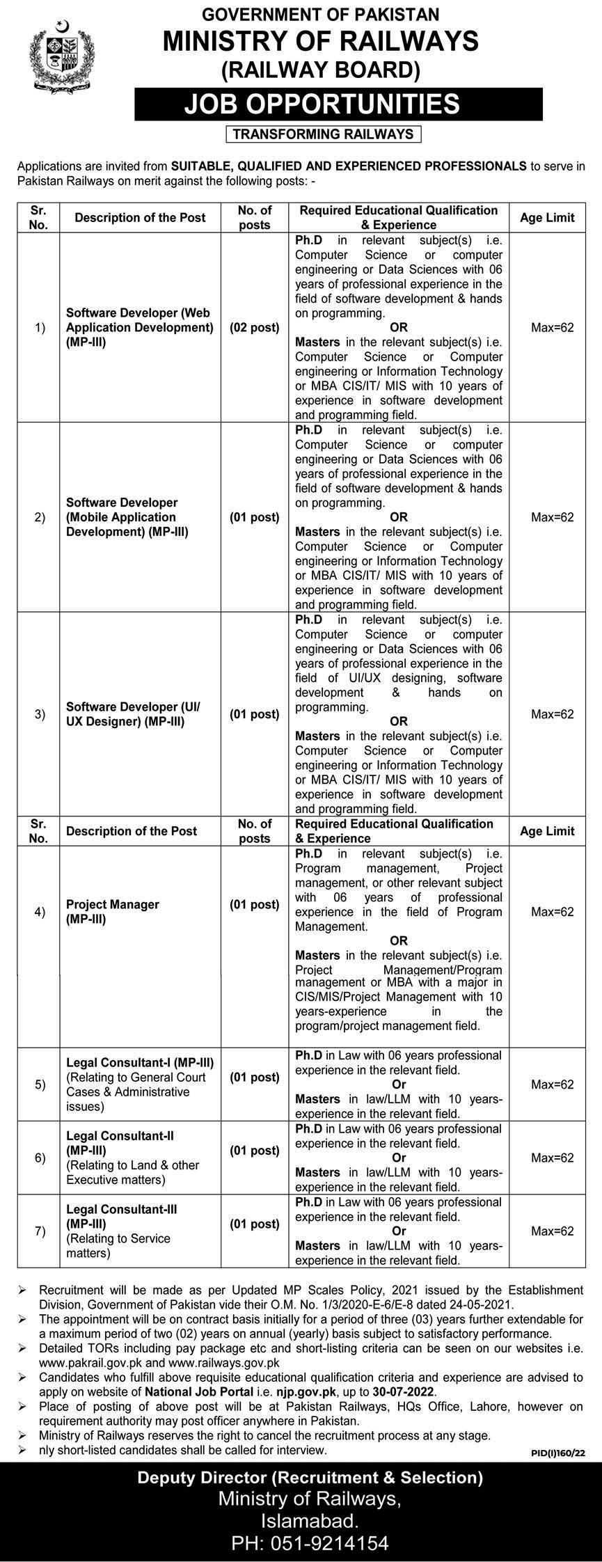 Ministry of Railways Jobs 2022 - online apply