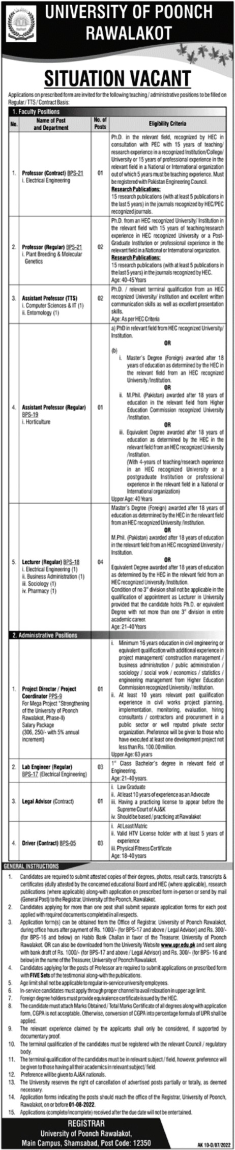 University of Poonch Rawalpindi Jobs 2022