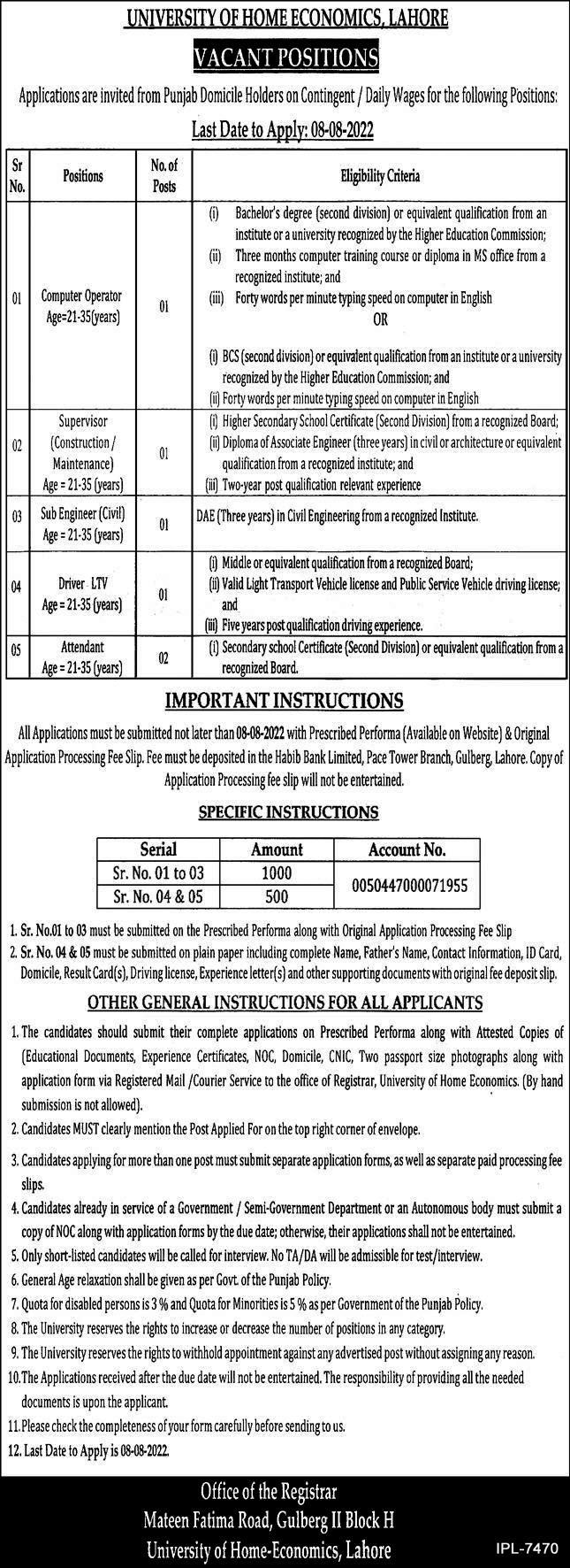 University of Home Economics Lahore Jobs 2022