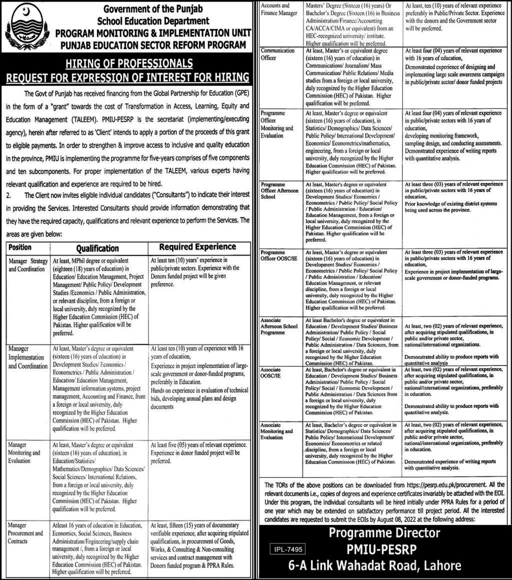 Punjab Education Sector Reform Program Jobs 2022