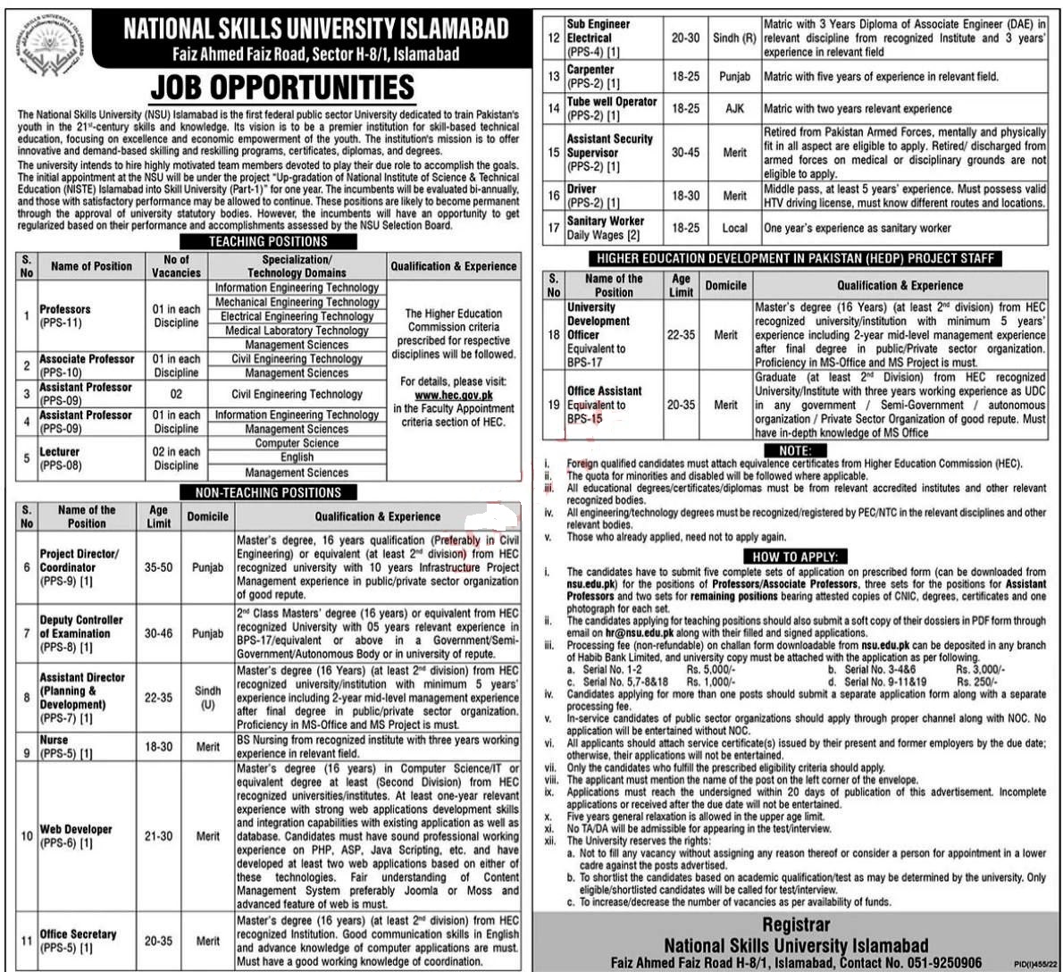 National Skills University Islamabad Jobs 2022