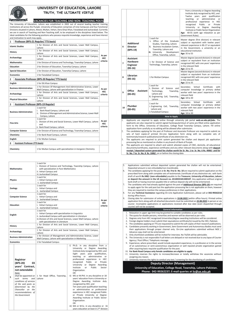 University of Education Lahore Jobs 2022