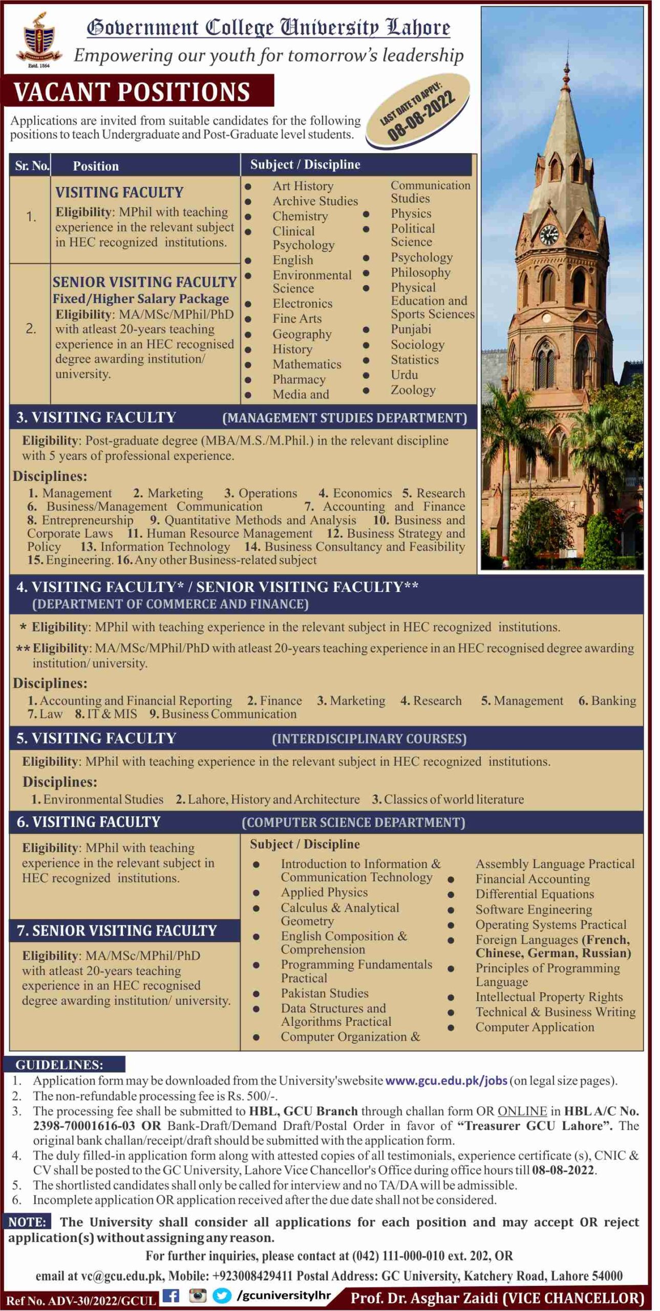 GC University Lahore Jobs 2022 -Visiting Faculty