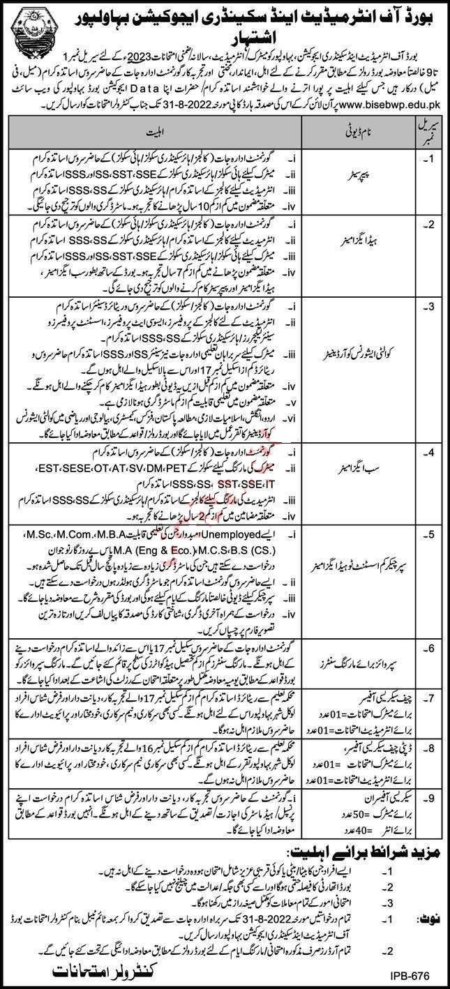 BISE Bahawalpur Jobs 2022